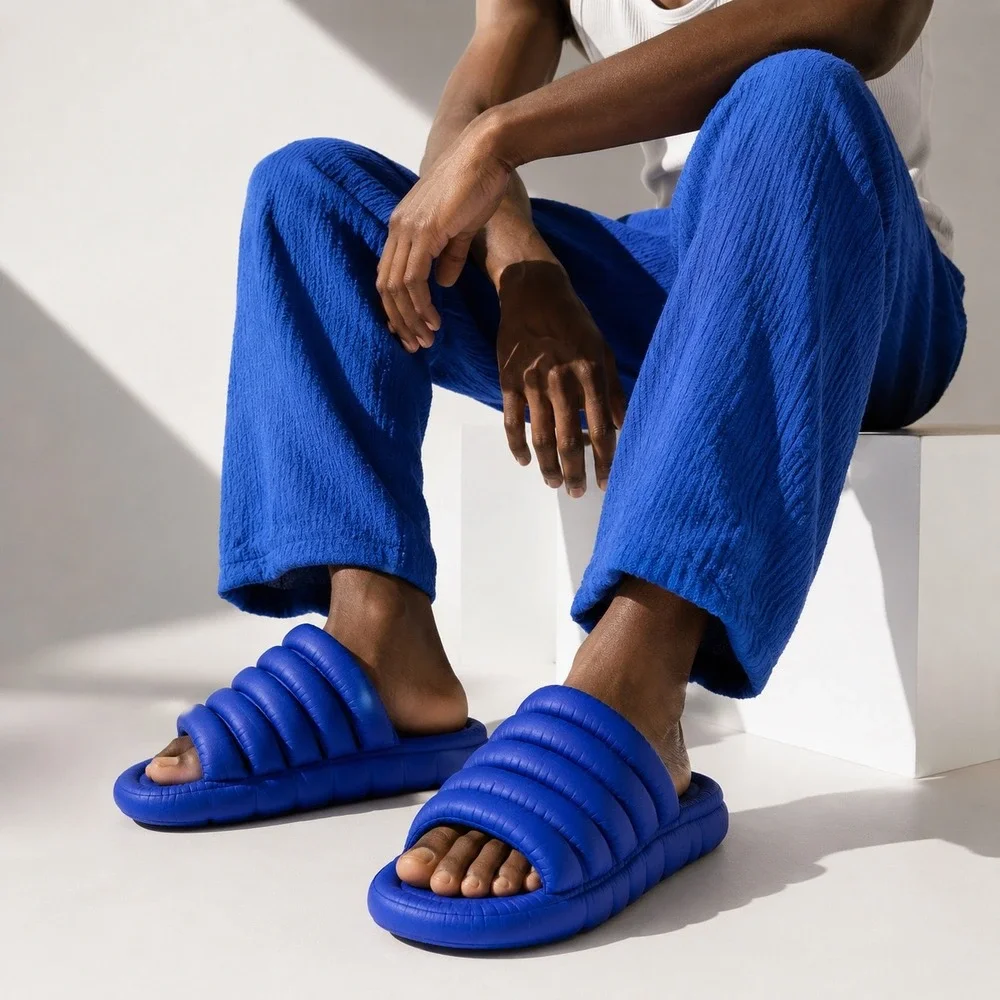 Cobalt Blue Pillow Slides Chunky Padded Strappy Cloud Sandals 46-47